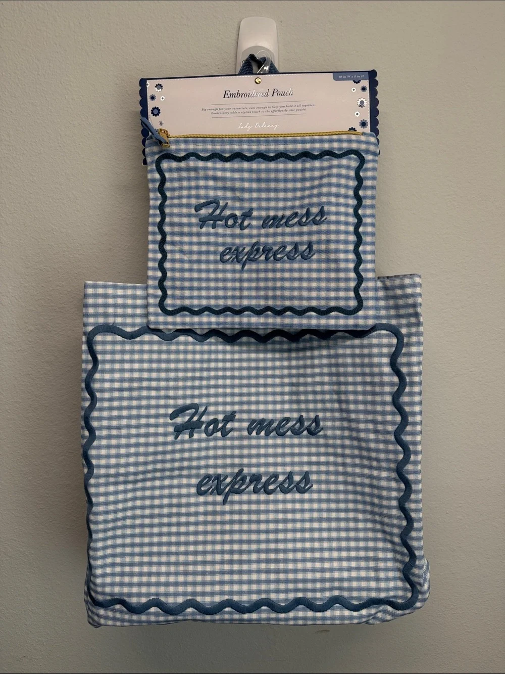Lady Delaney | Blue Gingham Embroidered 'Hot Mess Express' Tote Bag Set - Picture 11 of 14